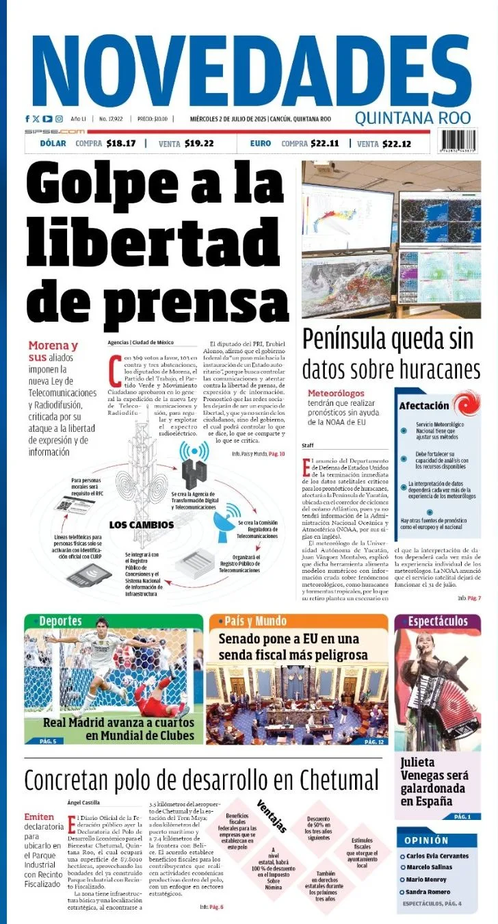Portada de Novedades Quintana Roo del miércoles, 2 de julio de 2025