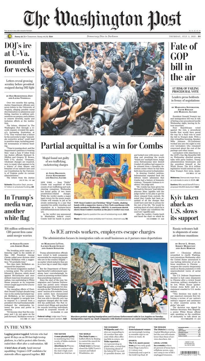 Portada de The Washington Post del jueves, 3 de julio de 2025