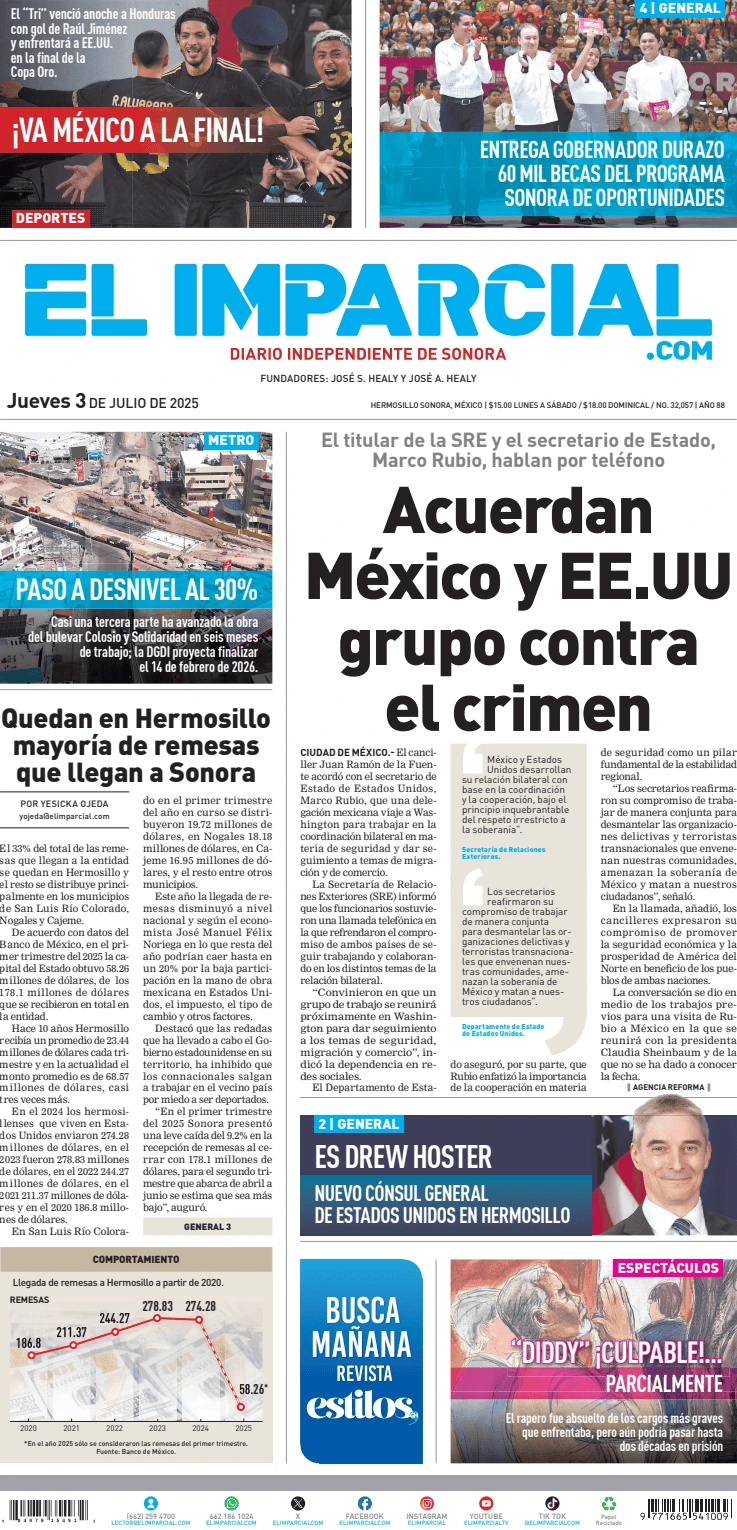 Portada de El Imparcial del jueves, 3 de julio de 2025