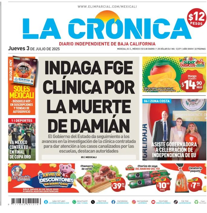 Portada de La Cronica del jueves, 3 de julio de 2025