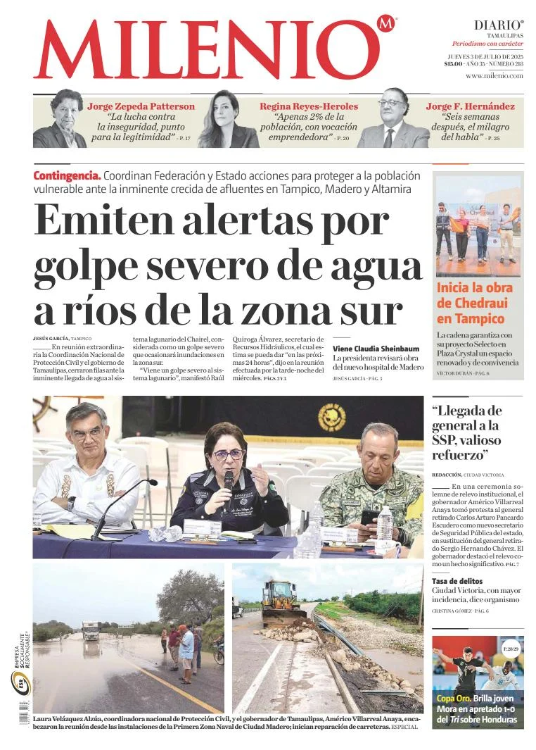 Portada de Milenio Tamaulipas del jueves, 3 de julio de 2025