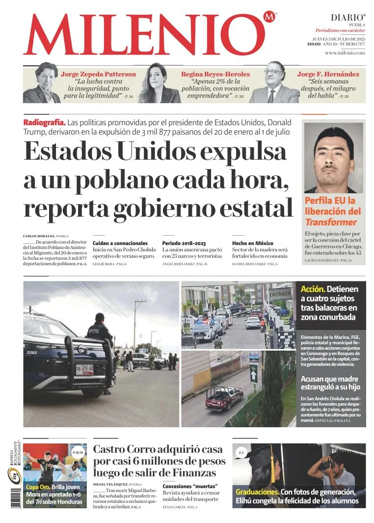 Portada de Milenio Puebla del jueves, 3 de julio de 2025