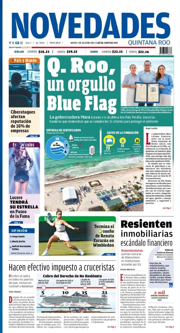 Portada de Novedades Quintana Roo del jueves, 3 de julio de 2025