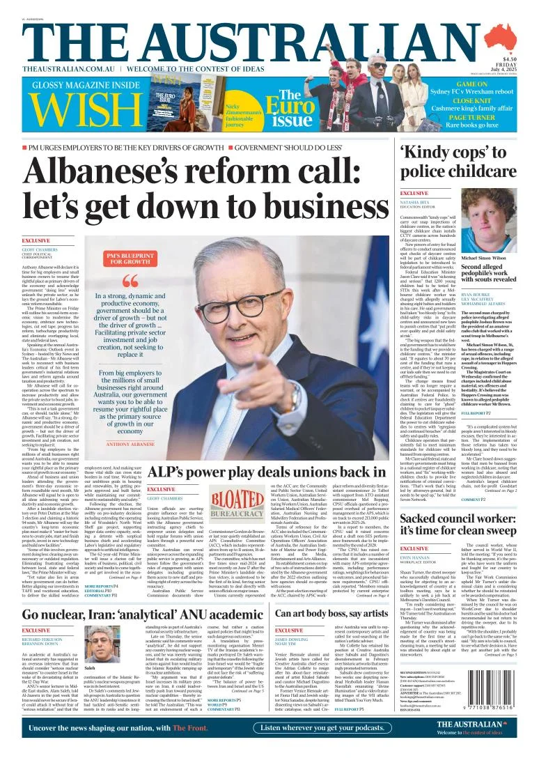 Portada de The Australian del viernes, 4 de julio de 2025