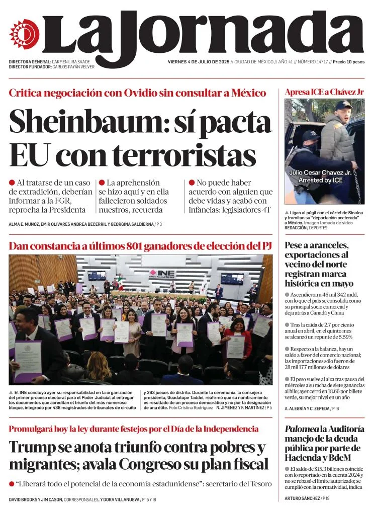 Portada de La Jornada del viernes, 4 de julio de 2025