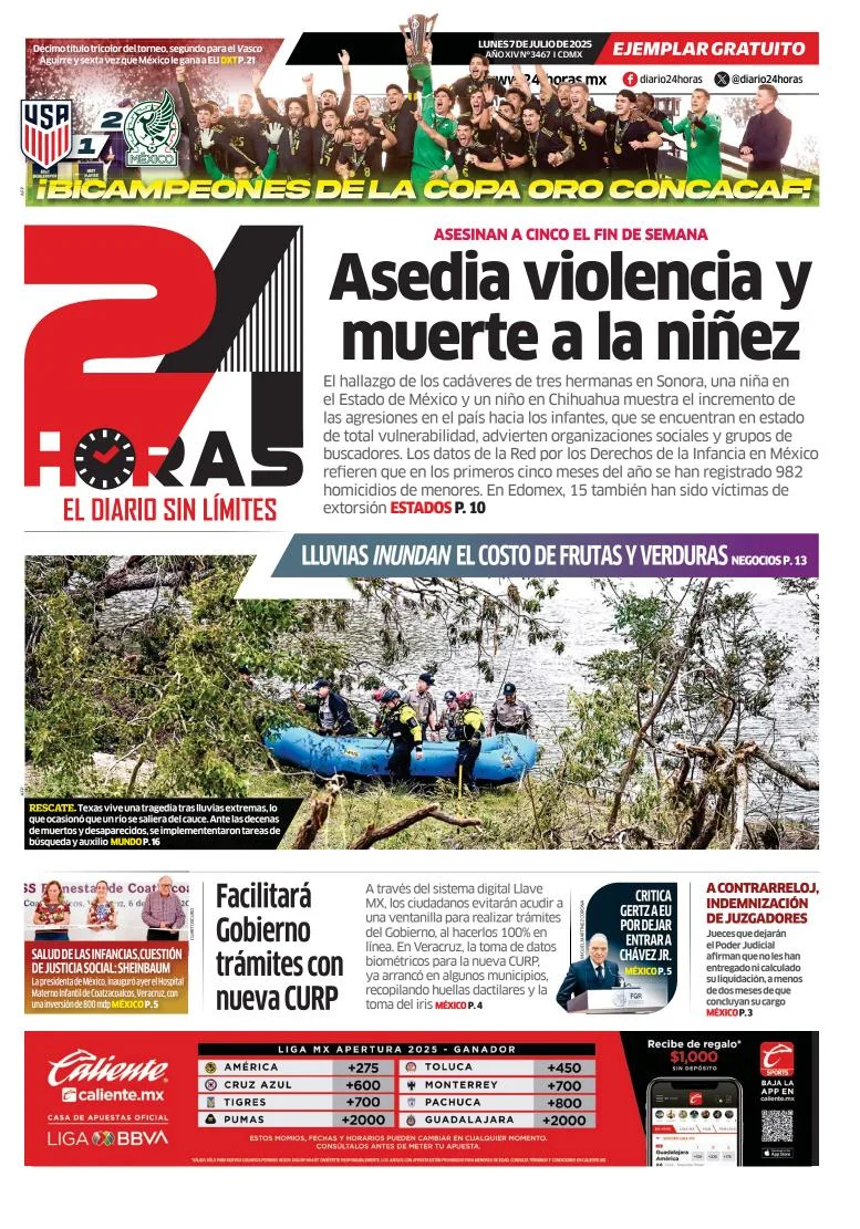 Portada de 24 Horas del lunes, 7 de julio de 2025
