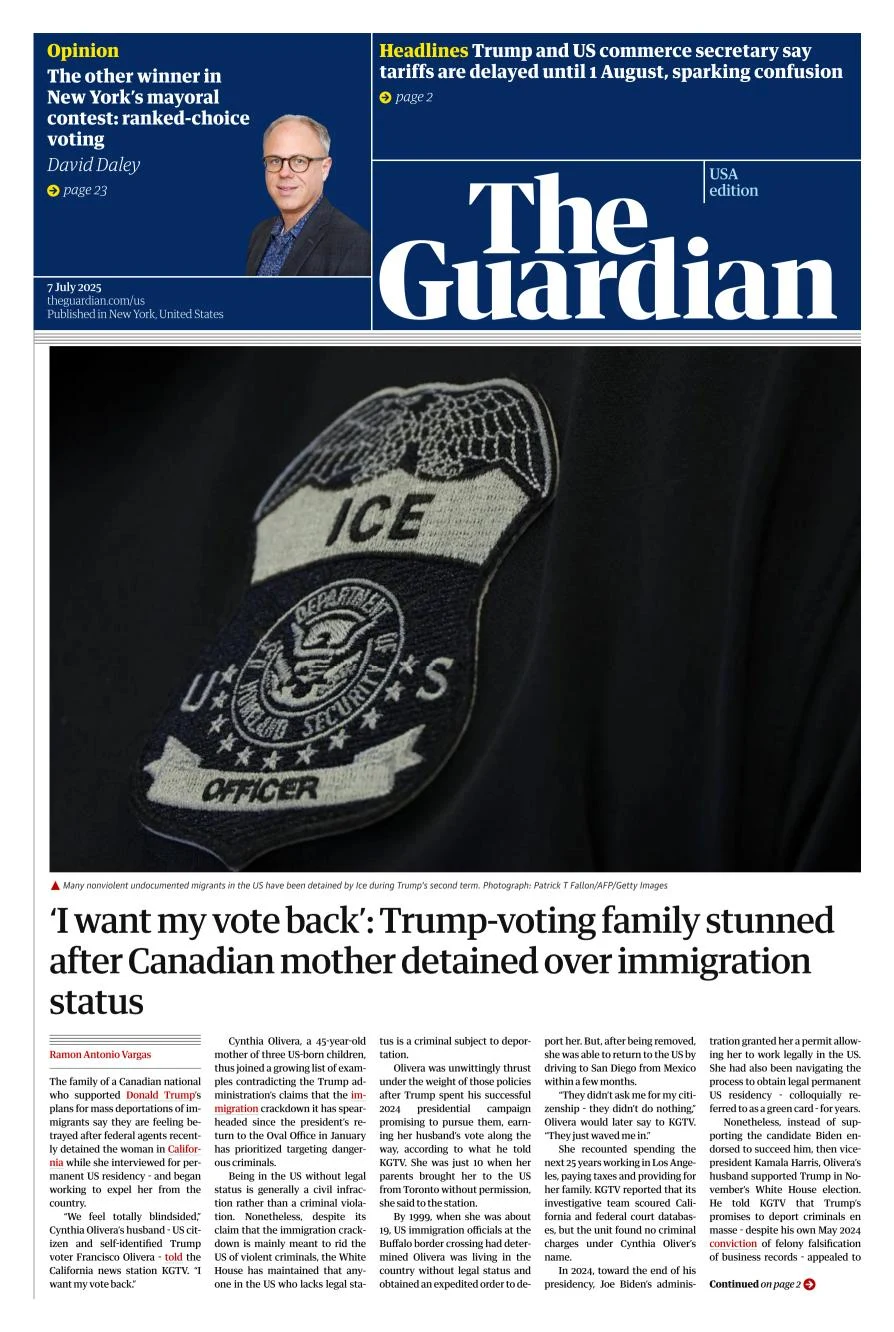 Portada de The Guardian (usa) del 2025-07-07