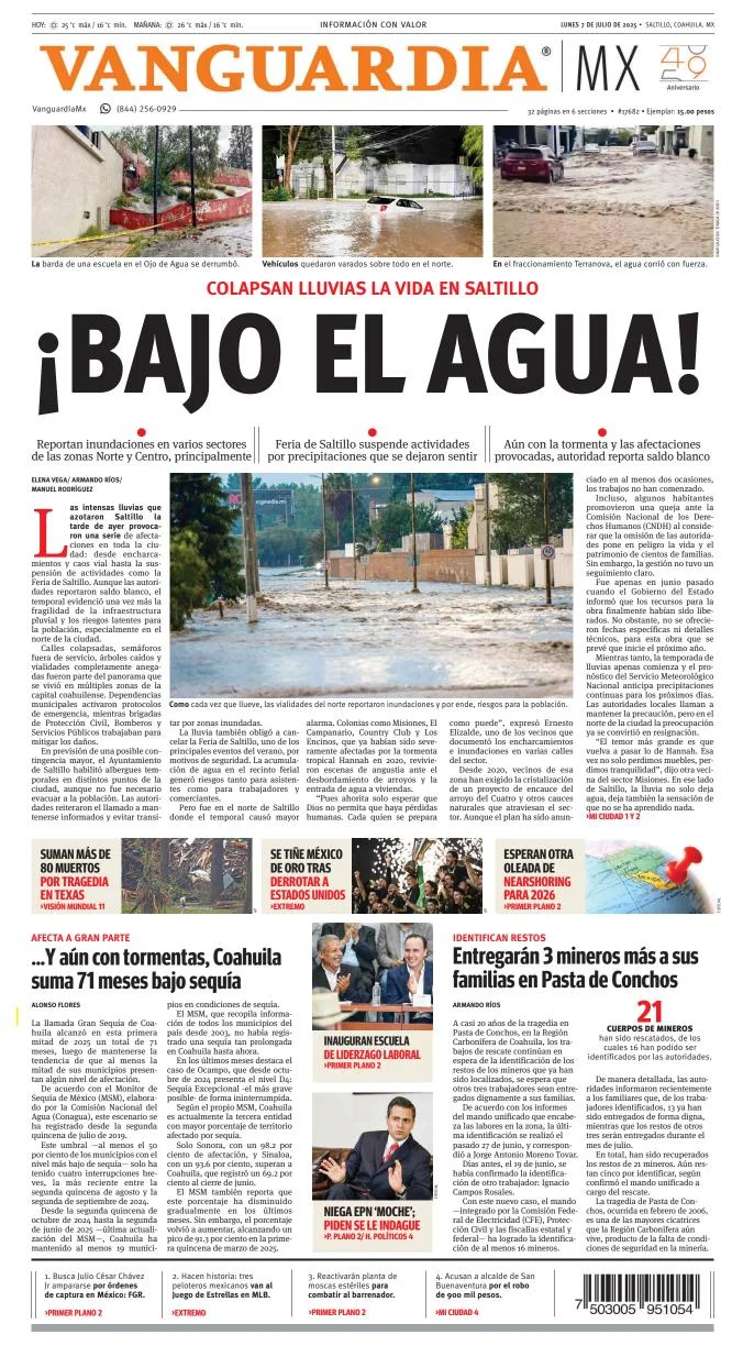 Portada de Vanguardia del lunes, 7 de julio de 2025