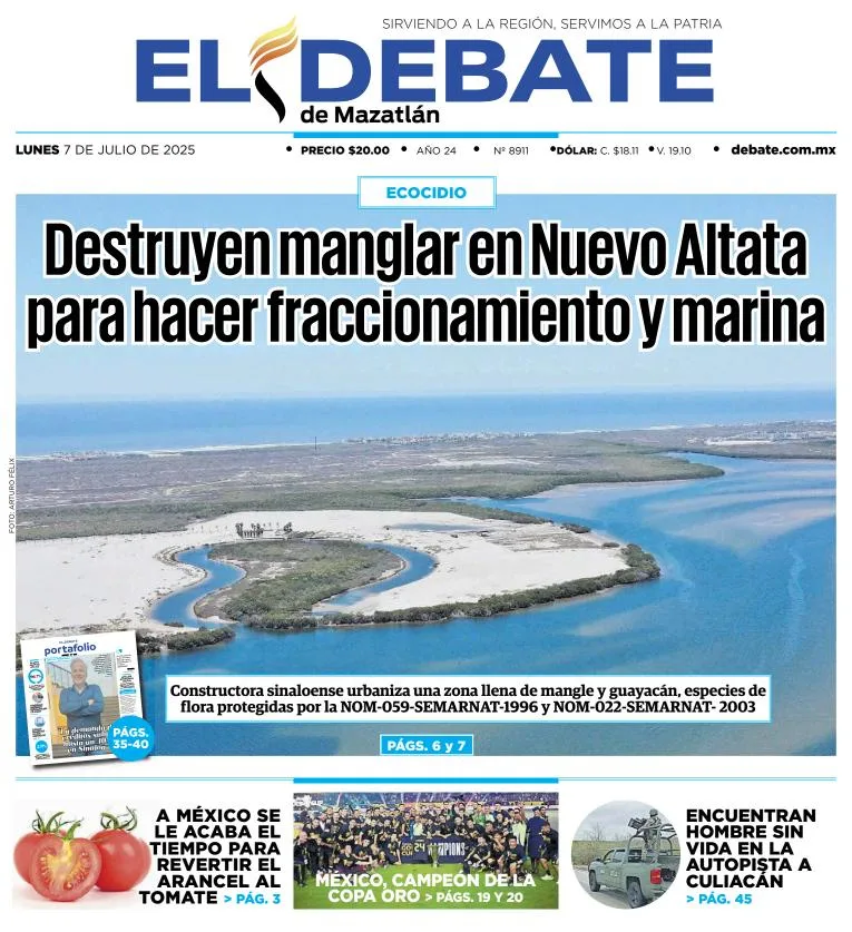 Portada de El Debate de Mazatlan del lunes, 7 de julio de 2025