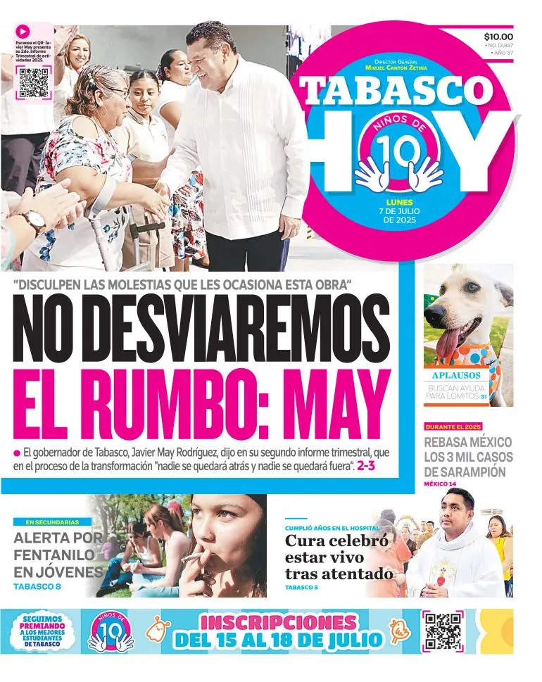 Portada de Tabasco Hoy del lunes, 7 de julio de 2025
