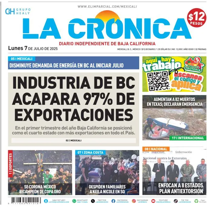 Portada de La Cronica del lunes, 7 de julio de 2025