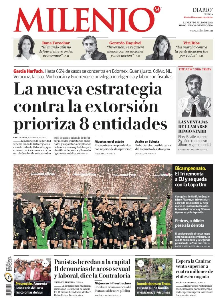 Portada de Milenio Puebla del lunes, 7 de julio de 2025
