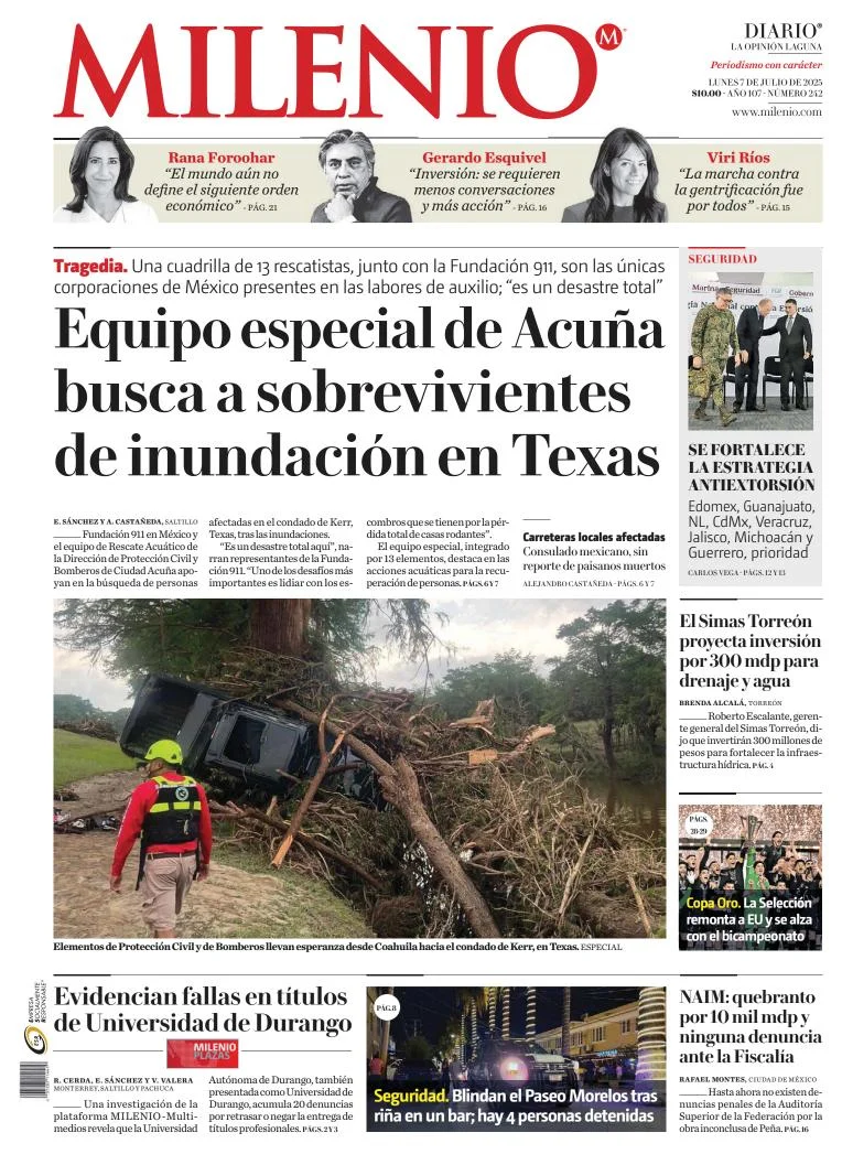 Portada de Milenio Laguna del lunes, 7 de julio de 2025