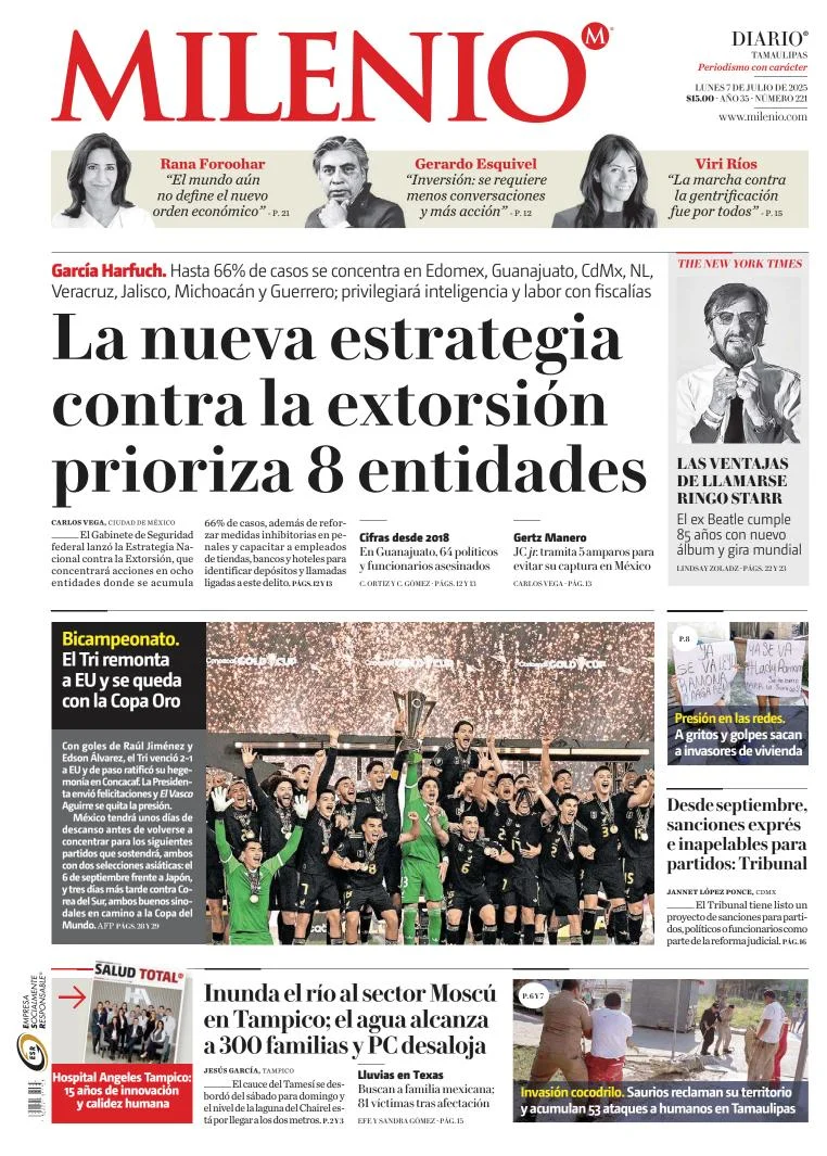 Portada de Milenio Tamaulipas del lunes, 7 de julio de 2025