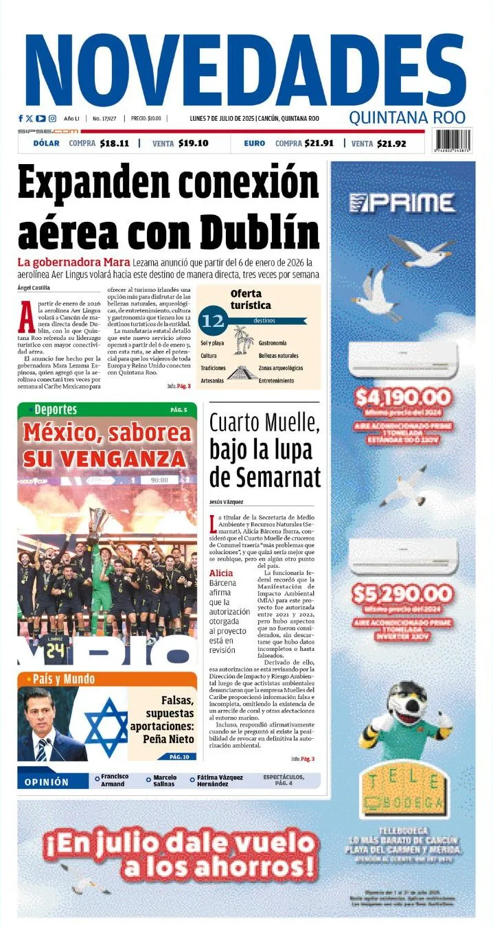 Portada de Novedades Quintana Roo del lunes, 7 de julio de 2025