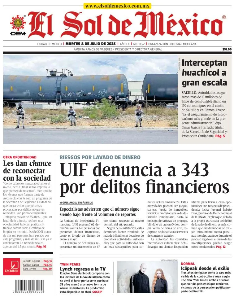 Portada de El Sol de Mexico del martes, 8 de julio de 2025