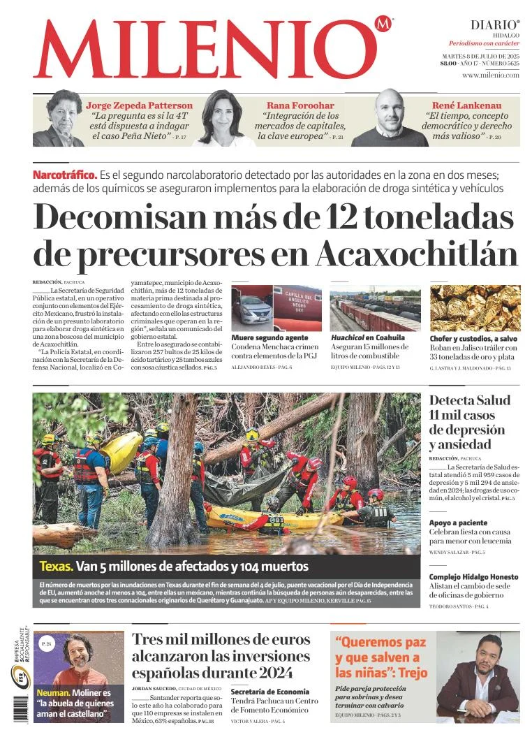 Portada de Milenio Hidalgo del martes, 8 de julio de 2025