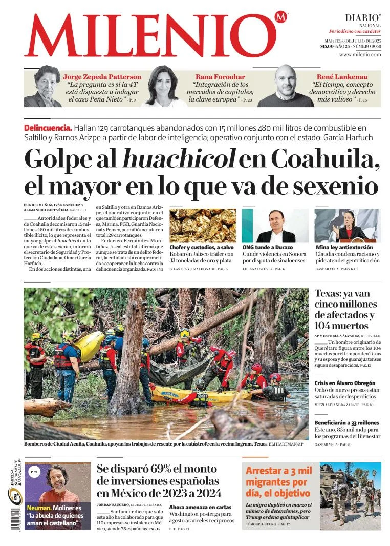Portada de Milenio del martes, 8 de julio de 2025