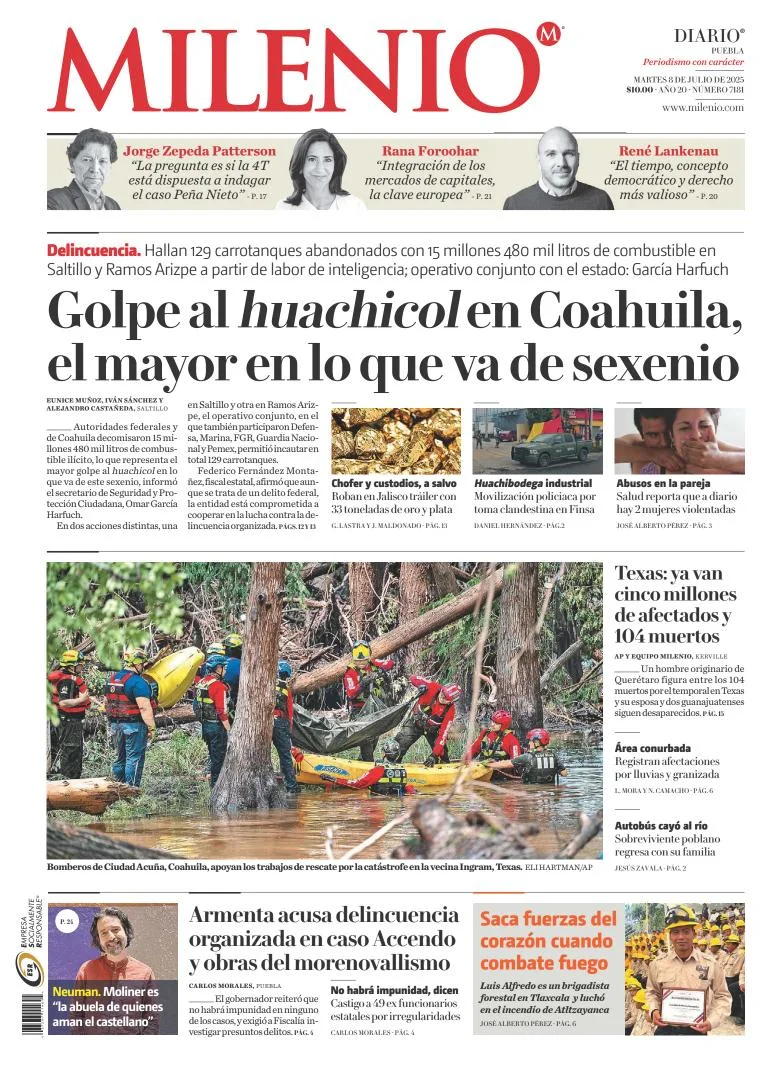 Portada de Milenio Puebla del martes, 8 de julio de 2025