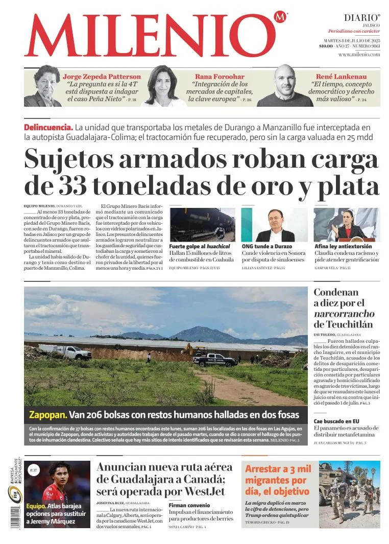 Portada de Milenio Jalisco del martes, 8 de julio de 2025