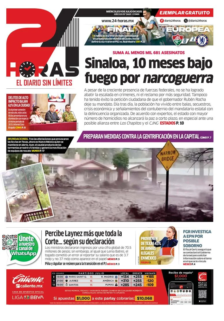 Portada de 24 Horas del miércoles, 9 de julio de 2025