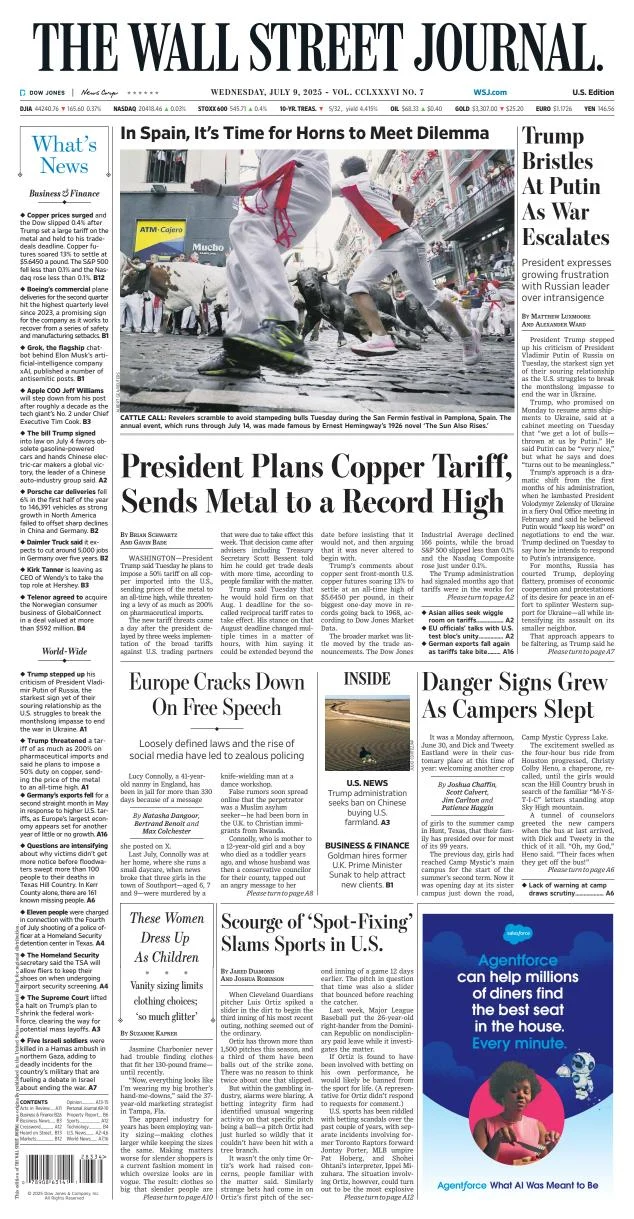 Portada de The Wall Street Journal del miércoles, 9 de julio de 2025