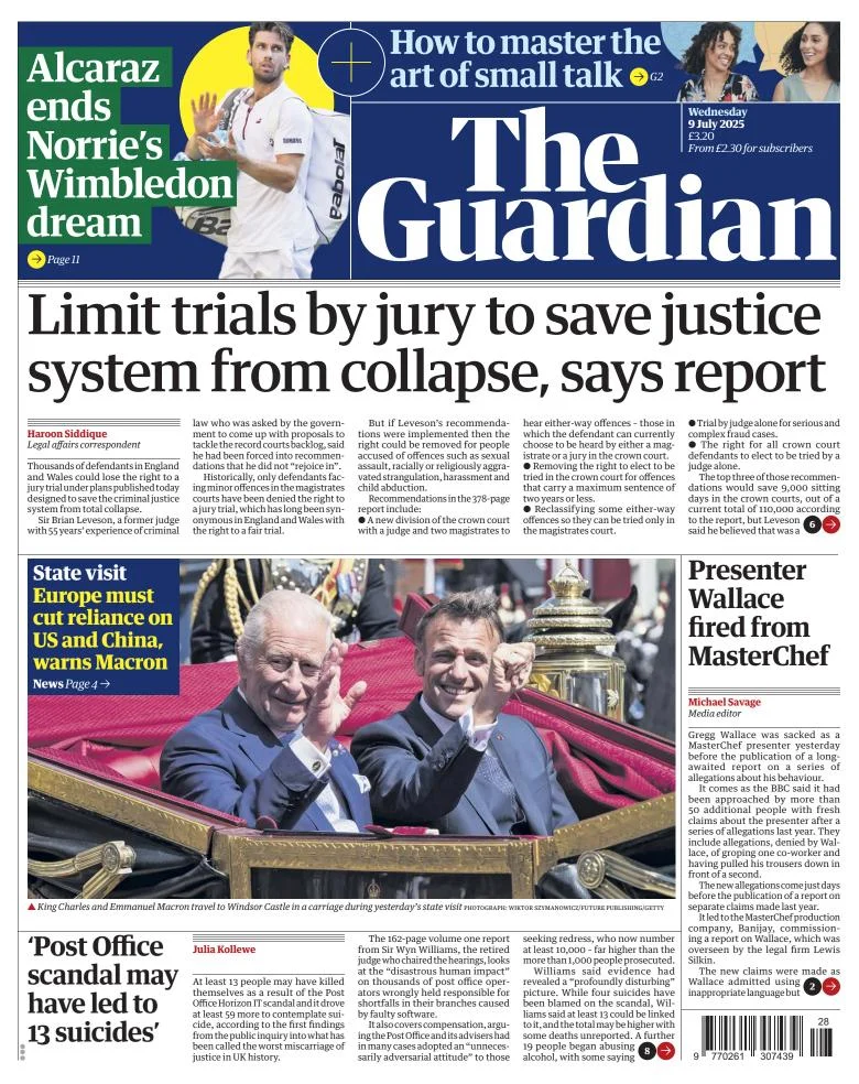 Portada de The Guardian (reino Unido) del miércoles, 9 de julio de 2025
