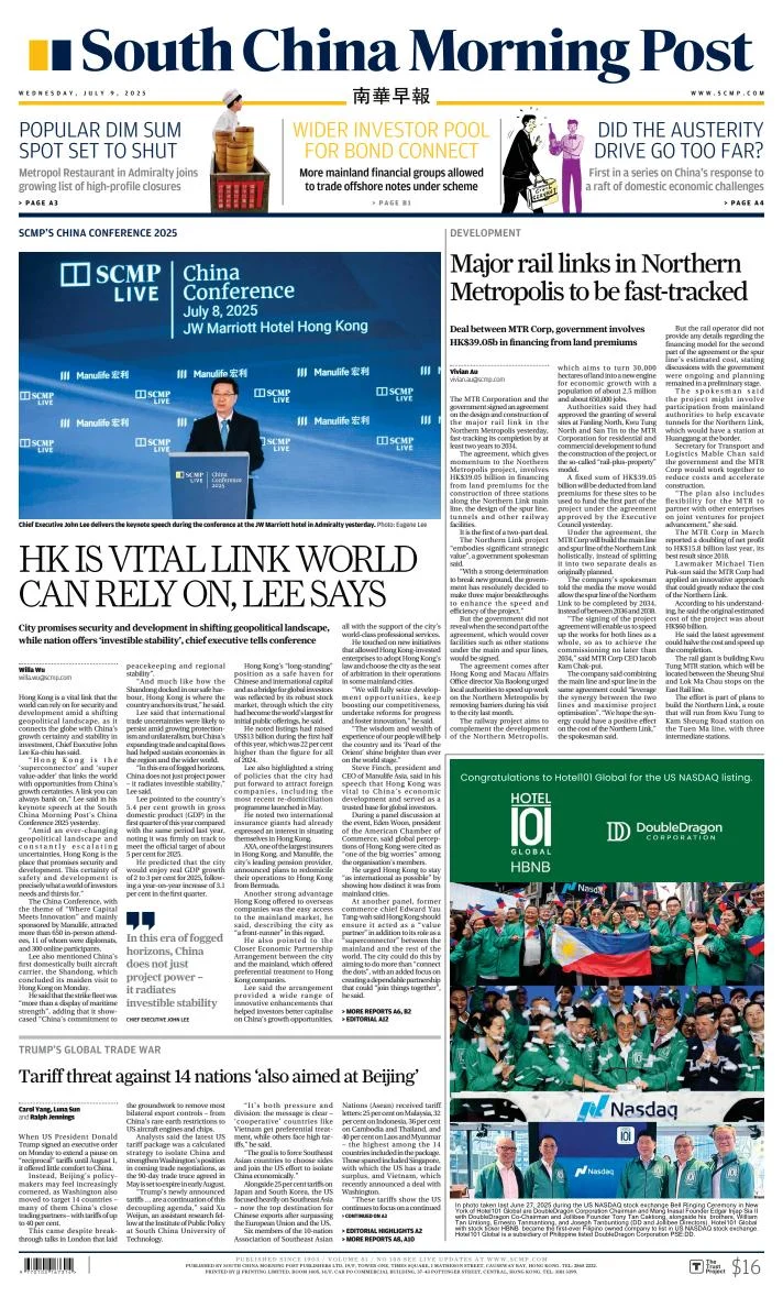 Portada de South China Morning Post del miércoles, 9 de julio de 2025