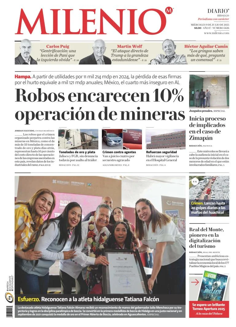 Portada de Milenio Hidalgo del miércoles, 9 de julio de 2025