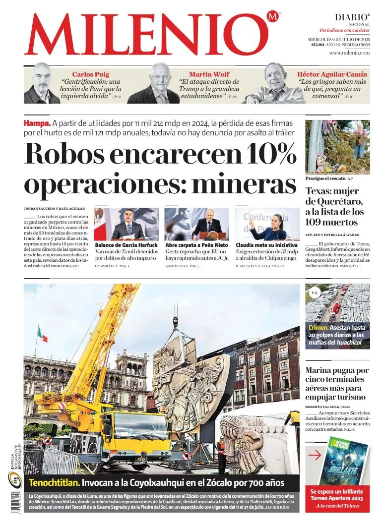 Portada de Milenio del miércoles, 9 de julio de 2025