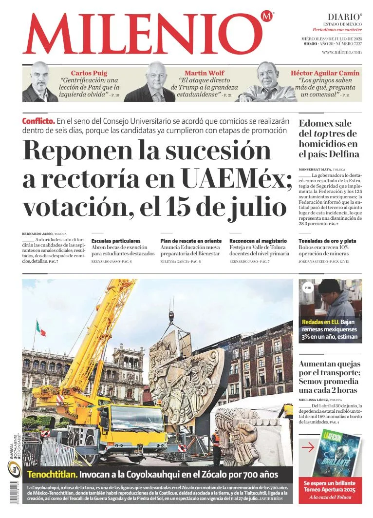 Portada de Milenio Edo de Mexico del miércoles, 9 de julio de 2025