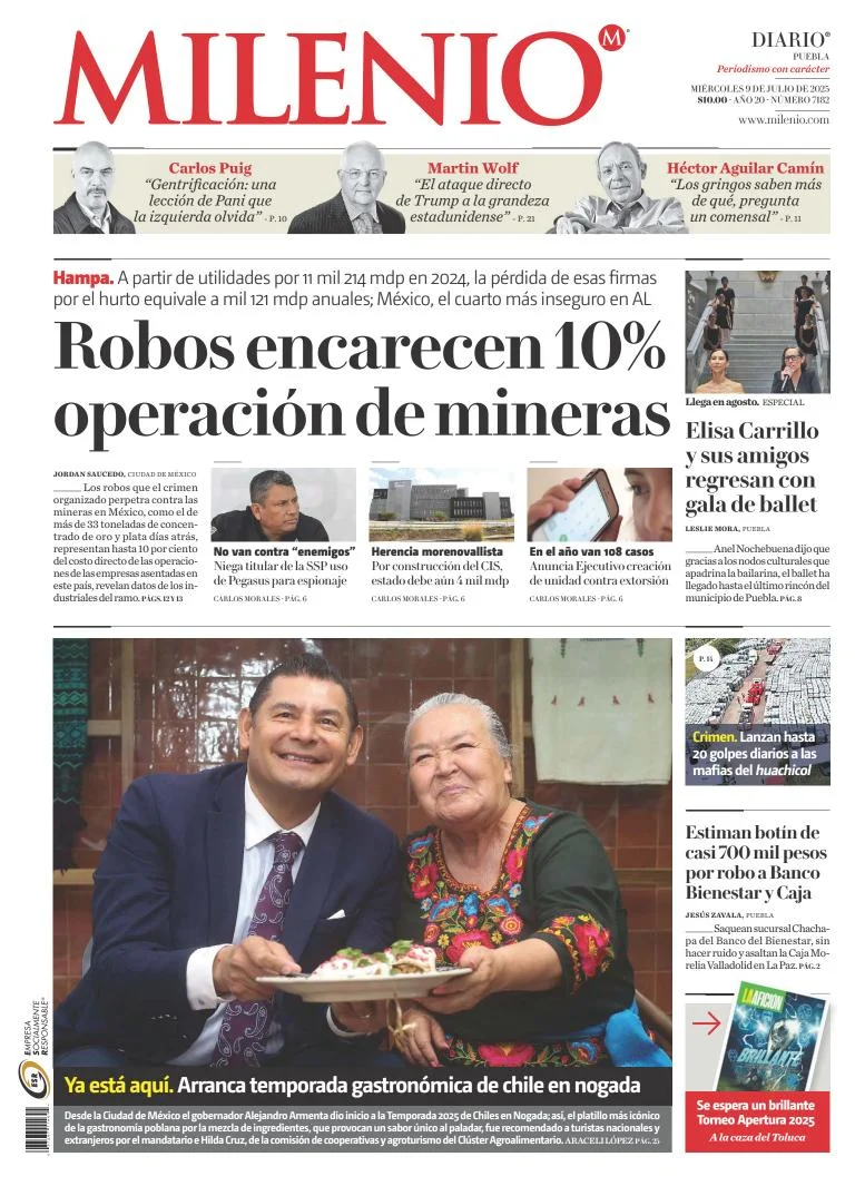 Portada de Milenio Puebla del miércoles, 9 de julio de 2025