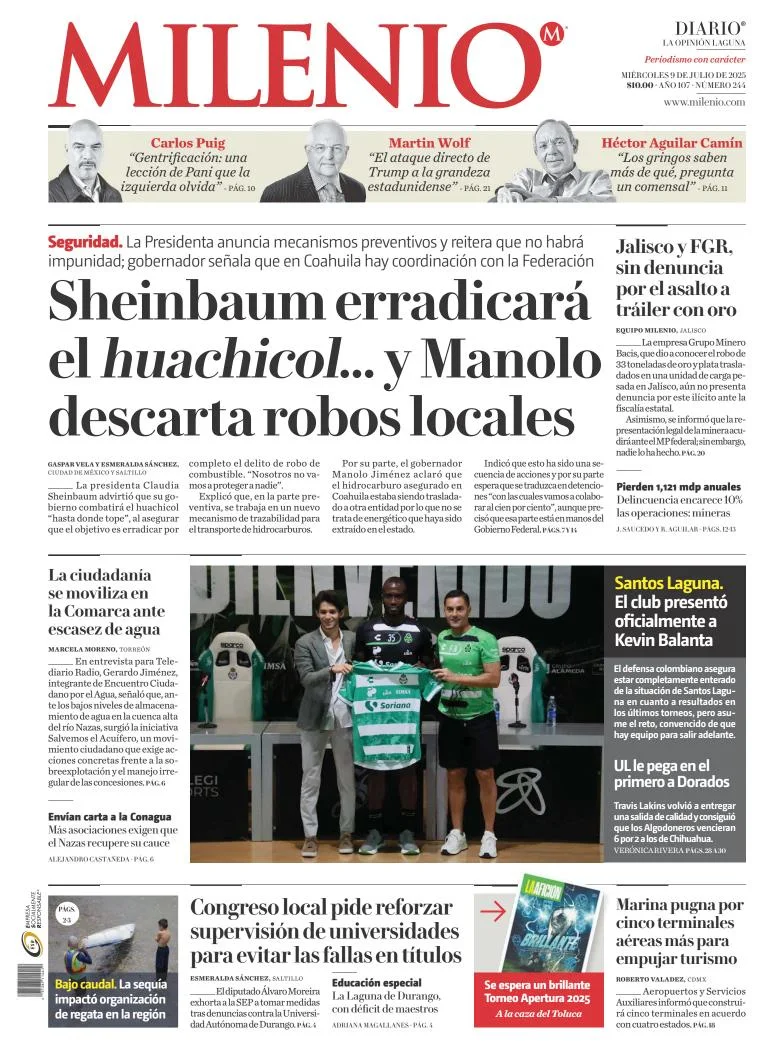 Portada de Milenio Laguna del miércoles, 9 de julio de 2025