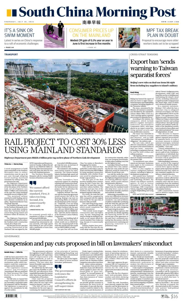 Portada de South China Morning Post del jueves, 10 de julio de 2025