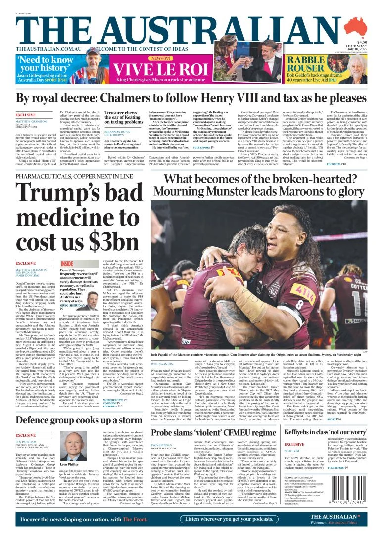 Portada de The Australian del jueves, 10 de julio de 2025