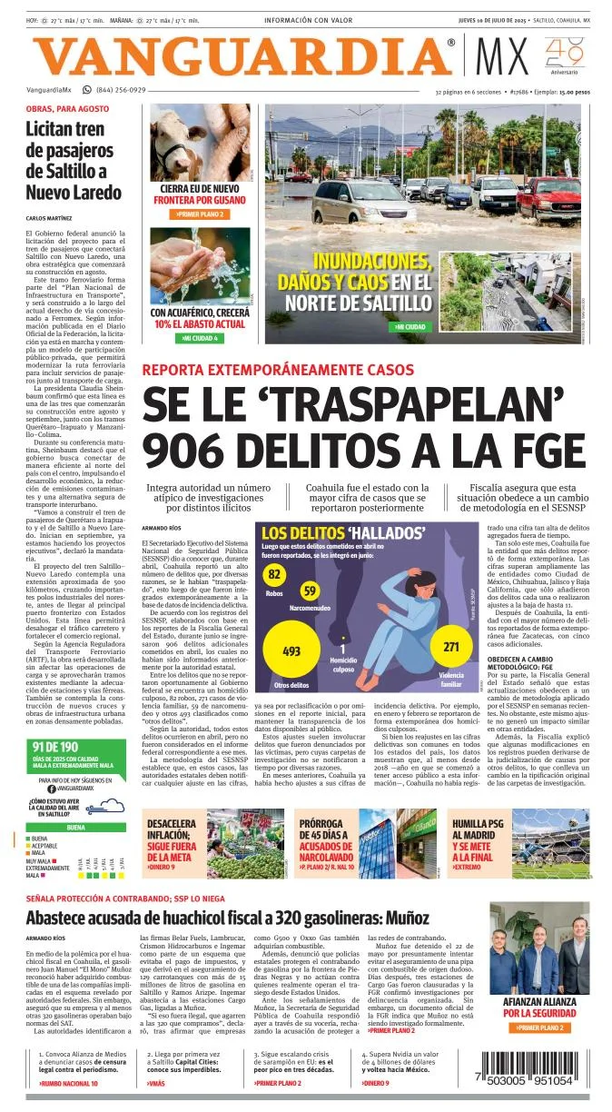 Portada de Vanguardia del jueves, 10 de julio de 2025