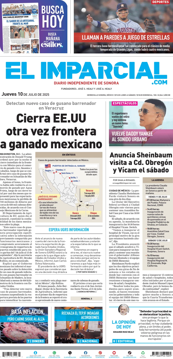 Portada de El Imparcial del jueves, 10 de julio de 2025