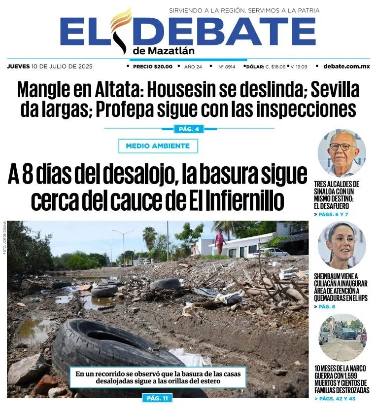 Portada de El Debate de Mazatlan del jueves, 10 de julio de 2025