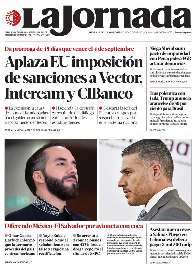 Portada de La Jornada del jueves, 10 de julio de 2025