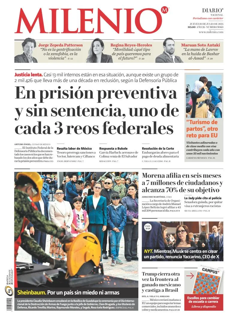Portada de Milenio del jueves, 10 de julio de 2025