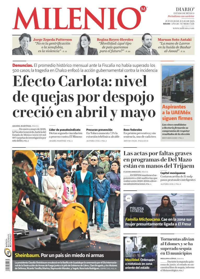Portada de Milenio Edo de Mexico del jueves, 10 de julio de 2025
