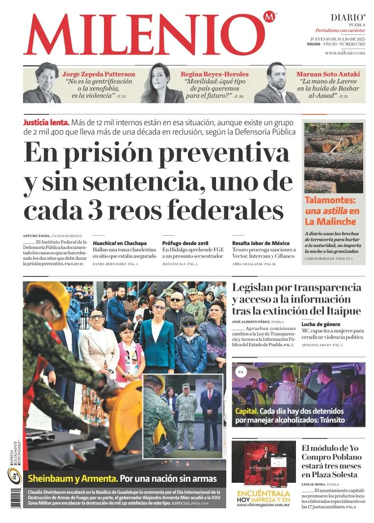Portada de Milenio Puebla del jueves, 10 de julio de 2025
