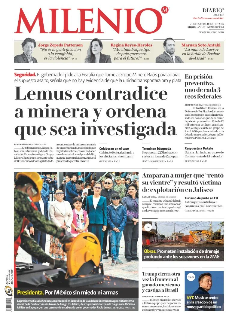 Portada de Milenio Jalisco del jueves, 10 de julio de 2025