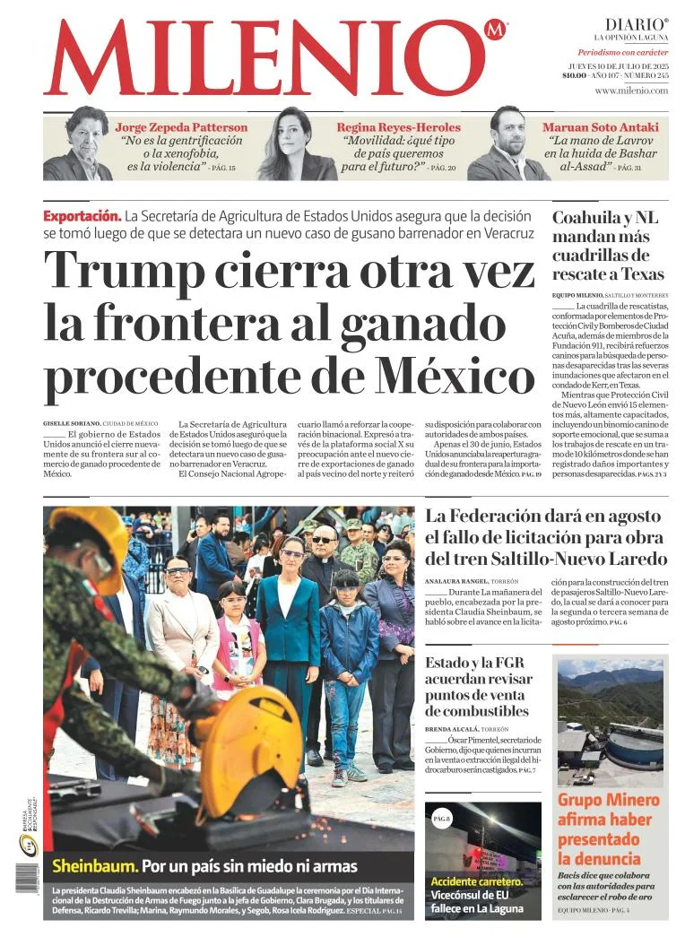 Portada de Milenio Laguna del jueves, 10 de julio de 2025