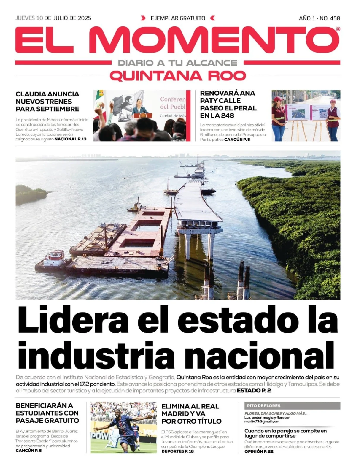 Portada de El Momento Quintana Roo del jueves, 10 de julio de 2025