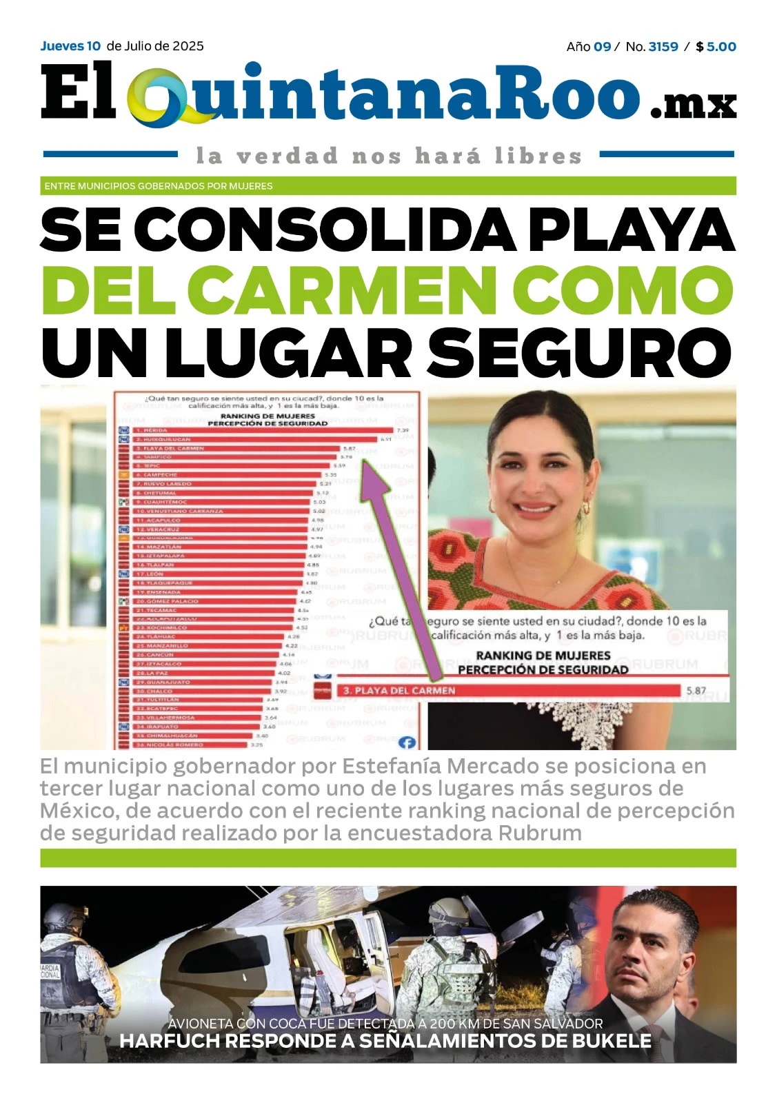 Portada de El Quintana Roo (portada) del jueves, 10 de julio de 2025