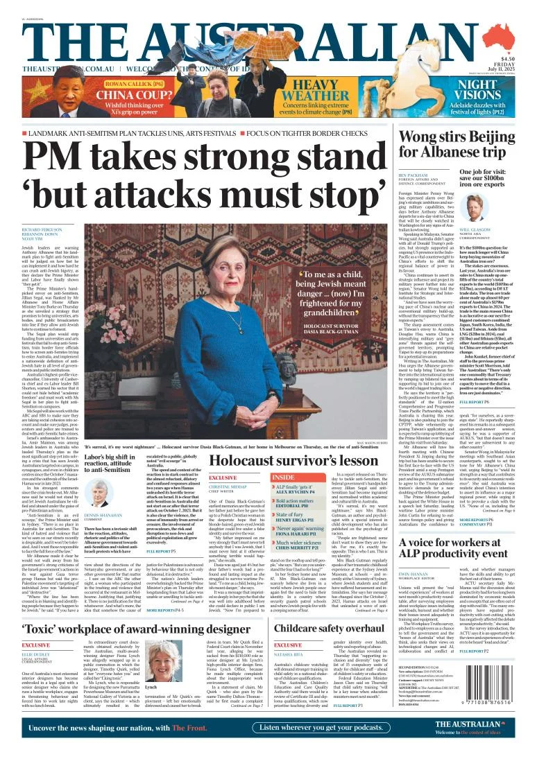 Portada de The Australian del viernes, 11 de julio de 2025