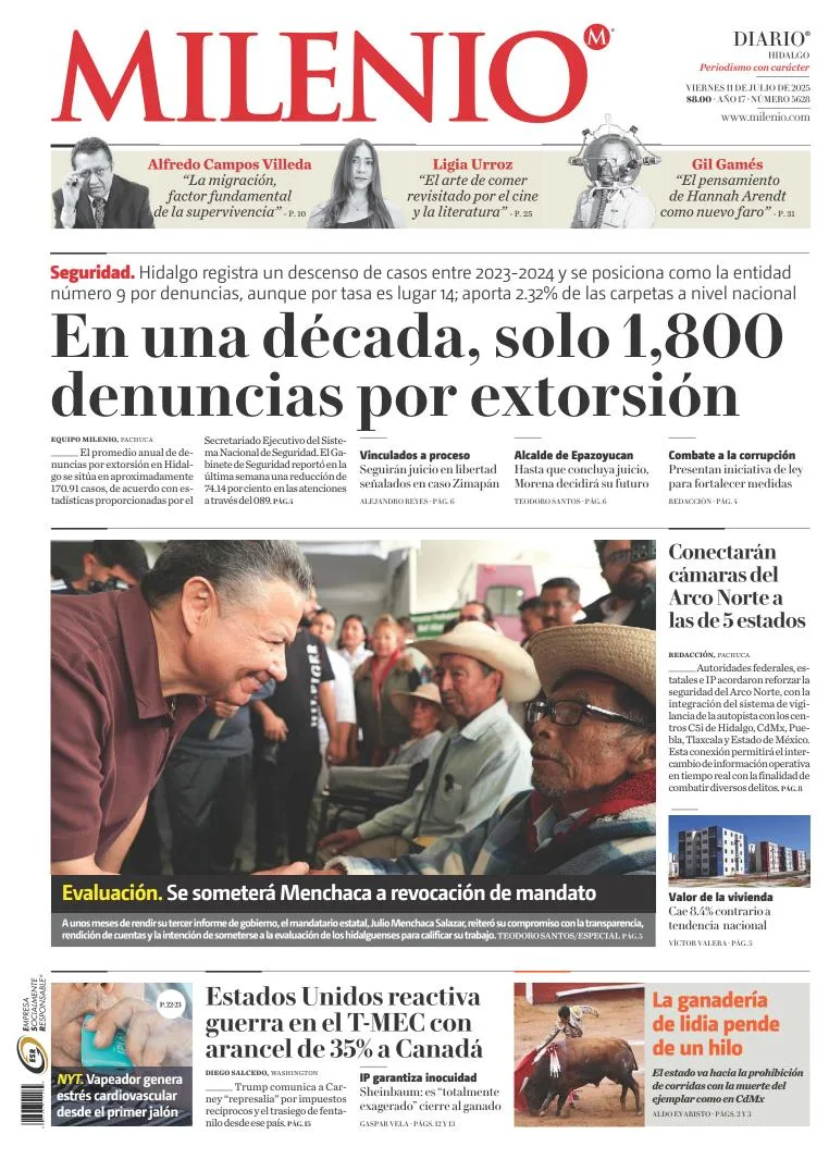 Portada de Milenio Hidalgo del viernes, 11 de julio de 2025