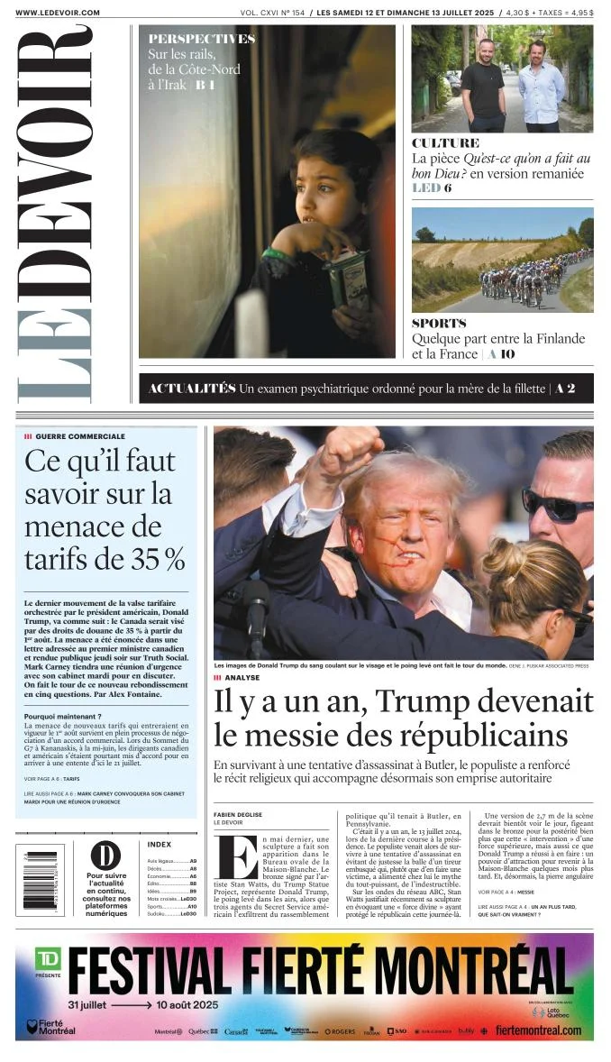 Portada de Le Devoir del sábado, 12 de julio de 2025