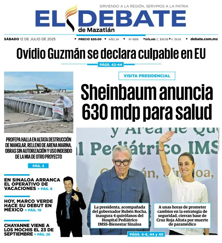 Portada de El Debate de Mazatlan del sábado, 12 de julio de 2025